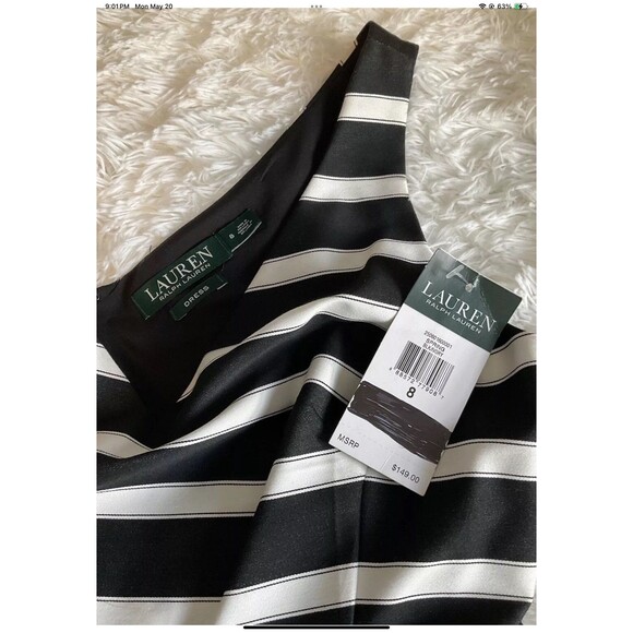 Lauren Ralph Lauren Black/Ivory Stripe Sateen V-Neck Fit & Flare Dress Sz 8 NEW - Picture 5 of 10